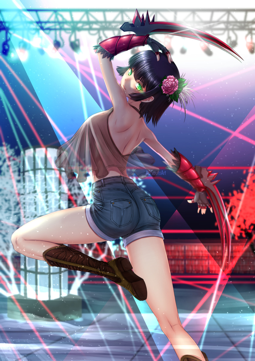 1girl adsouto arm_up artist_name black_hair blue_shorts blurry blurry_background boots breasts casual claw_(weapon) denim denim_shorts fingerless_gloves flower from_behind gloves glowing glowing_eyes green_eyes hair_flower hair_ornament halterneck hand_on_own_head highres looking_at_viewer looking_back medium_breasts miltiades_malachite nightclub rwby see-through short_hair short_shorts shorts solo standing standing_on_one_leg weapon