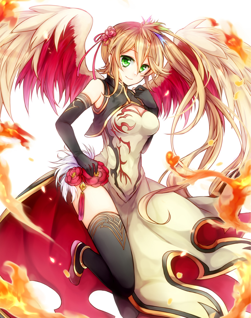 1girl bird_wings black_gloves black_legwear breasts brown_hair china_dress chinese_clothes cleavage commentary_request dress elbow_gloves fire flower gloves green_eyes hand_on_hip highres kanataww leilan_(p&amp;d) long_hair medium_breasts puzzle_&amp;_dragons side_ponytail side_slit smile solo thigh-highs vest wings