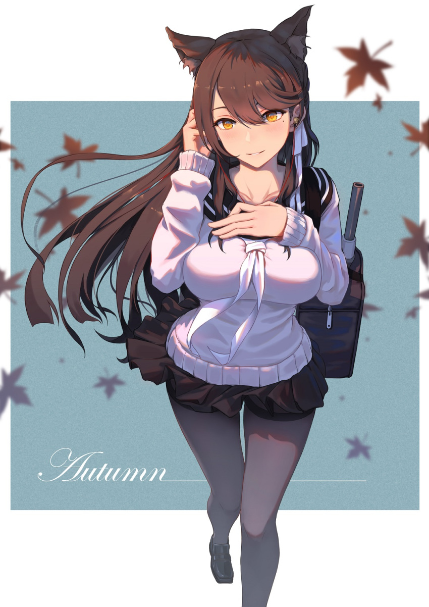 1girl 5555_96 animal_ears atago_(azur_lane) autumn_leaves azur_lane bag black_hair blush breasts collarbone commentary_request extra_ears fox_ears hand_on_own_chest highres large_breasts light_smile loafers long_hair pantyhose pleated_skirt school_bag school_uniform serafuku shoes skirt solo thighband_pantyhose turret very_long_hair wind yellow_eyes