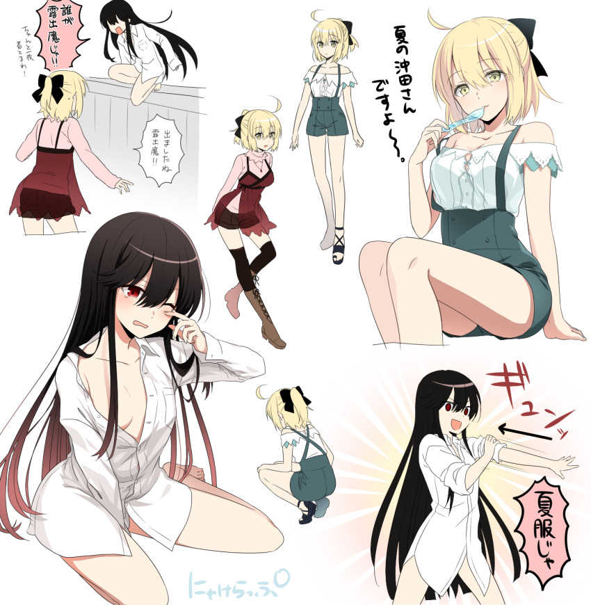 2girls ankle_lace-up babydoll bare_shoulders black_bow black_hair black_pants blonde_hair boots bow breasts brown_footwear buttons cleavage collarbone collared_shirt cross-laced_footwear dress_shirt fate/grand_order fate_(series) gradient_hair highres jewelry kneeling knees koha-ace lace-up_boots long_hair long_sleeves multicolored_hair multiple_girls necklace nyakelap oda_nobunaga_(fate) okita_souji_(fate)_(all) open_clothes open_mouth open_shirt pants pink_sweater ponytail red_eyes red_skirt redhead sandals shirt short_hair short_shorts shorts sitting skirt sleeves_past_wrists sleeves_rolled_up suspender_shorts suspenders sweater tearing_up thigh-highs translated two-tone_hair white_shirt yellow_eyes yokozuwari