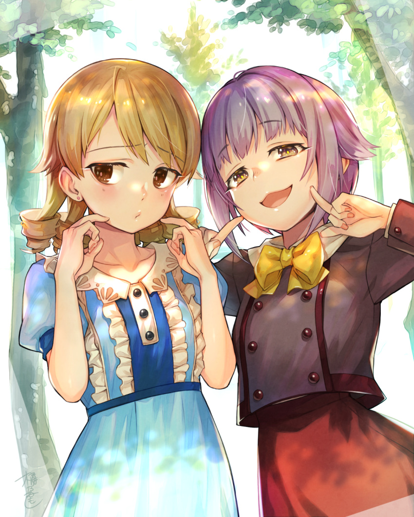 2girls blue_dress blush bow bowtie brown_eyes commentary_request dress drill_hair earrings eyebrows_visible_through_hair fingers_to_cheeks forest high-waist_skirt highres idolmaster idolmaster_cinderella_girls jacket jewelry koshimizu_sachiko lavender_hair light_brown_hair long_hair looking_at_viewer looking_away looking_to_the_side morikubo_nono multiple_girls nature okeno_kamoku open_mouth outdoors puffy_short_sleeves puffy_sleeves ringlets short_hair short_sleeves signature skirt smile stud_earrings sunlight tree upper_body yellow_bow