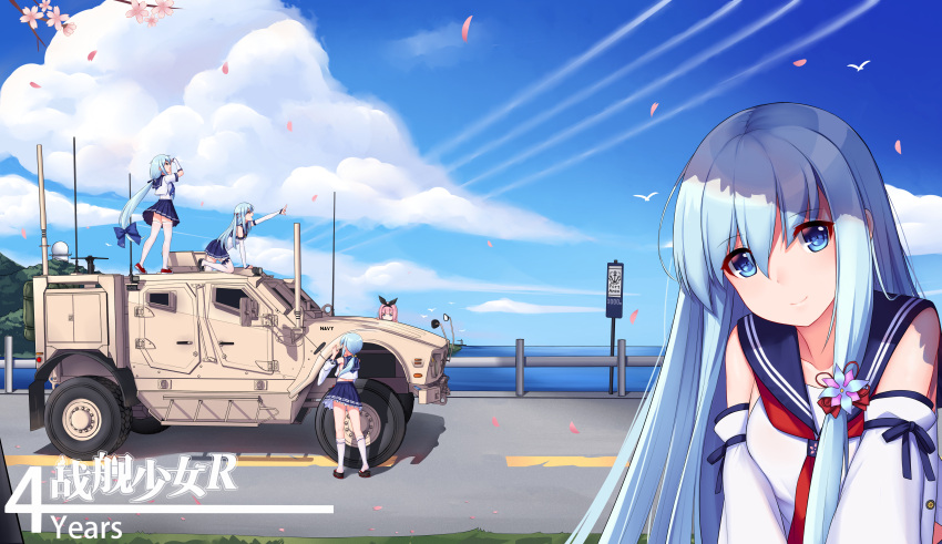 5girls absurdres allenes anniversary blue_eyes blue_hair blue_sky character_request cherry_blossoms clouds day fubuki_(zhan_jian_shao_nyu) guard_rail highres long_hair looking_at_another looking_at_viewer looking_away multiple_girls outdoors pink_hair ponytail road shirayuki_(zhan_jian_shao_nyu) sky standing thigh-highs vehicle vehicle_request white_legwear zhan_jian_shao_nyu