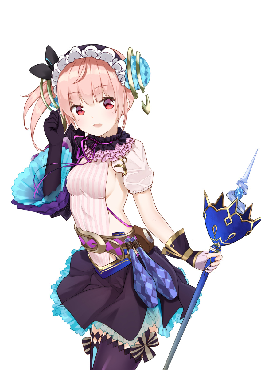 1girl :d absurdres atelier_(series) atelier_lydie_&amp;_suelle blush breasts eyebrows_visible_through_hair hairband head_tilt highres holding holding_staff juujuu looking_at_viewer lydie_marlen medium_breasts open_mouth pink_eyes pink_hair side_ponytail simple_background skirt smile solo staff thigh-highs white_background