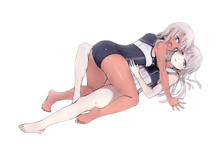 2girls :d absurdres arm_support ass bare_legs barefoot blue_eyes blue_swimsuit breasts crop_top dark_skin dual_persona female from_side highres kantai_collection long_hair looking_at_viewer lying multiple_girls on_back one-piece_swimsuit open_mouth ro-500_(kantai_collection) sailor_collar sailor_shirt shirt silver_hair simple_background small_breasts smile swimsuit tan tanline u-511_(kantai_collection) white_background yukiguni_yuu yuri