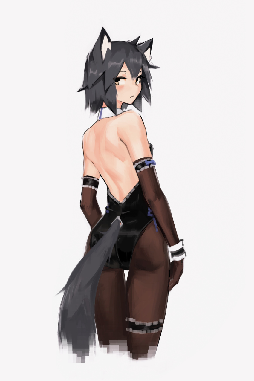 1girl absurdres animal_ears back backless_outfit black_gloves black_hair black_legwear blush breasts cat_ears cat_tail closed_mouth cropped_legs deel_(rkeg) detached_collar elbow_gloves eyebrows_visible_through_hair from_behind gloves highres kittysuit leg_garter leotard looking_at_viewer looking_back original pantyhose ramn short_hair solo strapless strapless_leotard tail white_background yellow_eyes