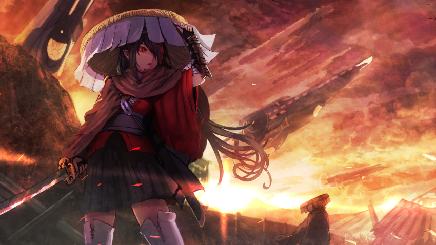 1girl arm_guards black_hair boots facing_viewer fingerless_gloves gloves japanese_clothes katana kimono legs_apart long_hair low-tied_long_hair namako_(namacotan) original pointy_ears red_eyes skirt solo_focus space_craft standing sword thigh-highs thigh_boots weapon wide_sleeves wind