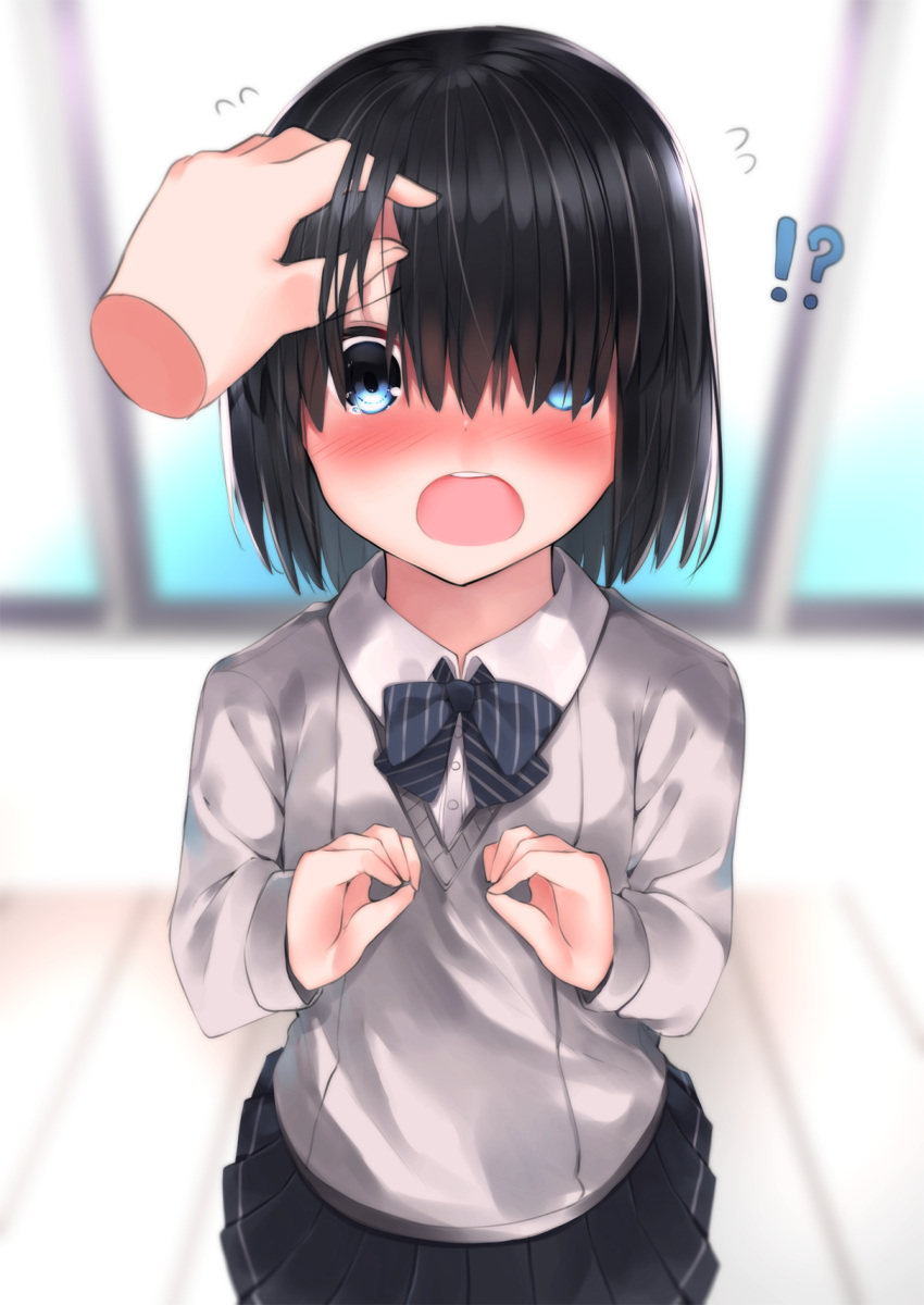 !? 1girl bangs black_hair black_skirt blue_bow blue_eyes blurry blurry_background blush bow closed_mouth collared_shirt depth_of_field diagonal_stripes disembodied_limb dress_shirt eyebrows_visible_through_hair fingernails flying_sweatdrops grey_sweater hair_between_eyes hair_over_eyes hand_on_another's_head hands_up highres indoors long_hair long_sleeves looking_at_viewer neku_(neku_draw) nose_blush open_mouth original pleated_skirt round_teeth school_uniform shirt skirt solo_focus standing striped striped_bow sweater tears teeth upper_teeth white_shirt