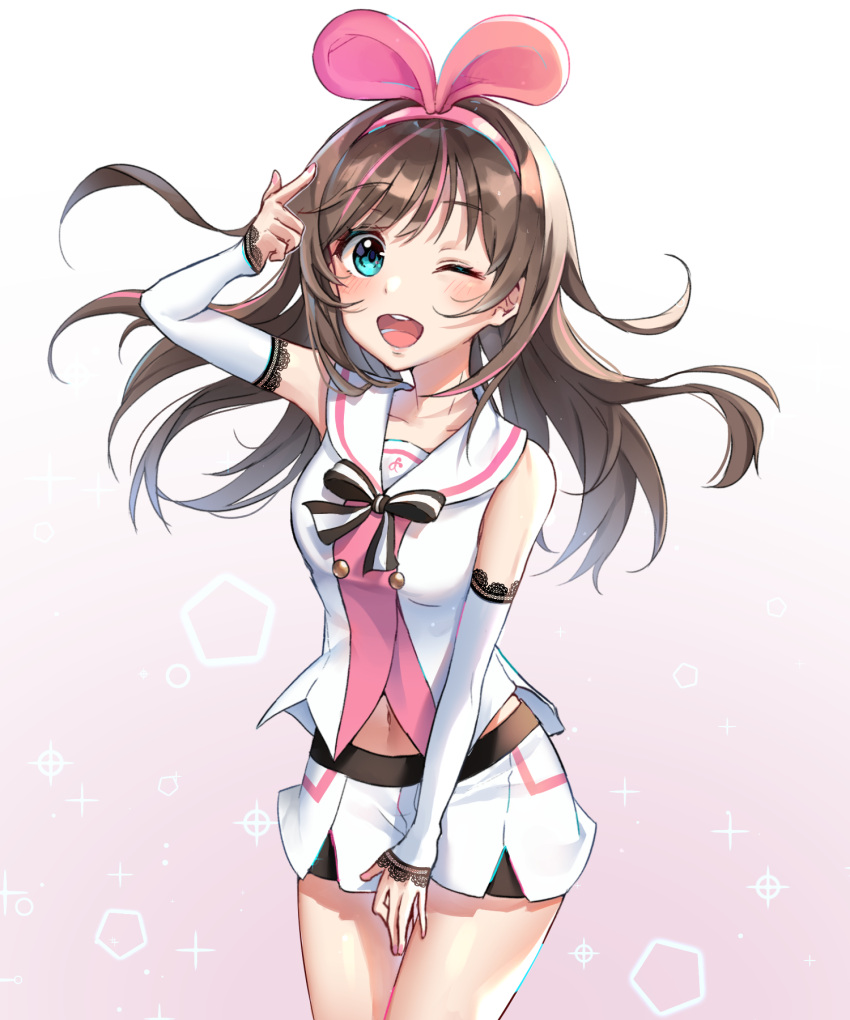 1girl ;d a.i._channel blue_eyes brown_hair collarbone cowboy_shot detached_sleeves eyebrows_visible_through_hair floating_hair garglin gradient gradient_background hairband highres kizuna_ai long_hair looking_at_viewer midriff navel one_eye_closed open_mouth pink_hairband shirt short_shorts shorts sleeveless sleeveless_shirt smile solo standing stomach very_long_hair virtual_youtuber white_shirt white_shorts