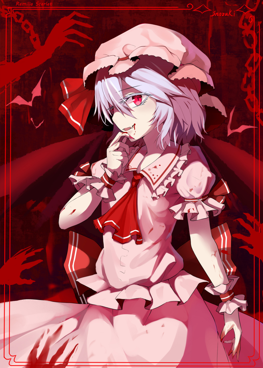 bat_wings blue_hair bracelet fang fangs finger_to_mouth hat highres jewelry looking_at_viewer mob_cap red_eyes remilia_scarlet short_hair smile snozaki touhou wings