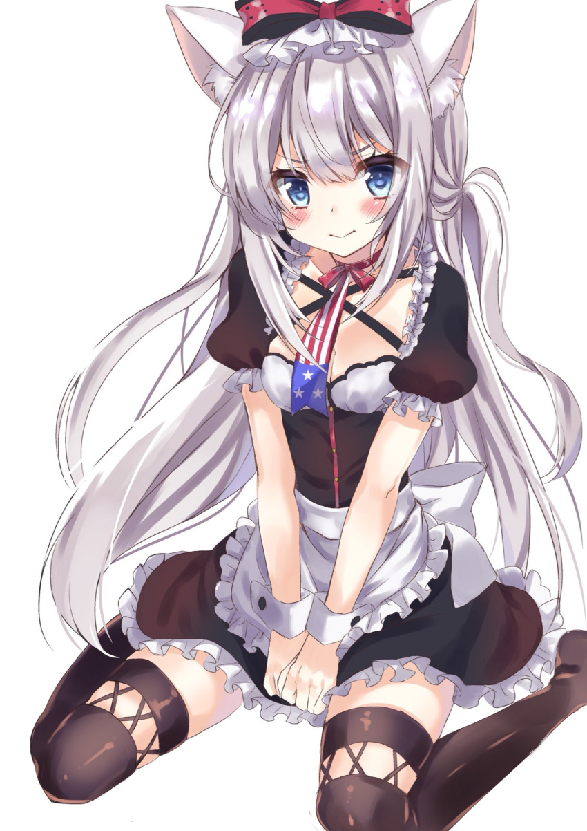 1girl :t american_flag american_flag_neckwear american_flag_print animal_ear_fluff animal_ears apron azur_lane bangs black_dress black_legwear black_skirt blue_eyes blush boots bow breasts cat_ears cleavage closed_mouth commentary_request dress eyebrows_visible_through_hair flag_print frill_trim frilled_apron frilled_sleeves frills hair_between_eyes hair_bow hammann_(azur_lane) highres honoka_(1399871) knee_boots long_hair looking_at_viewer maid_apron nose_blush one_eye_closed one_side_up pout print_neckwear puffy_short_sleeves puffy_sleeves red_bow short_sleeves sidelocks silver_hair simple_background sitting skirt small_breasts solo thigh-highs tied_hair very_long_hair waist_apron wariza white_apron white_background wrist_cuffs