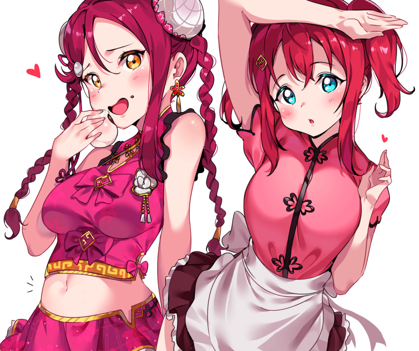 2girls :o alternate_hairstyle apron arm_on_head arm_up baozi blue_eyes blush braid chinese_clothes double_bun earrings eating food food_on_face hair_ornament hairclip heart highres holding holding_food jewelry kurosawa_ruby long_hair looking_at_viewer love_live! love_live!_sunshine!! midriff multiple_girls navel notice_lines pink_shirt pink_skirt redhead sakurauchi_riko shirt sidelocks simple_background skirt tem10 twin_braids two_side_up waist_apron white_background yellow_eyes