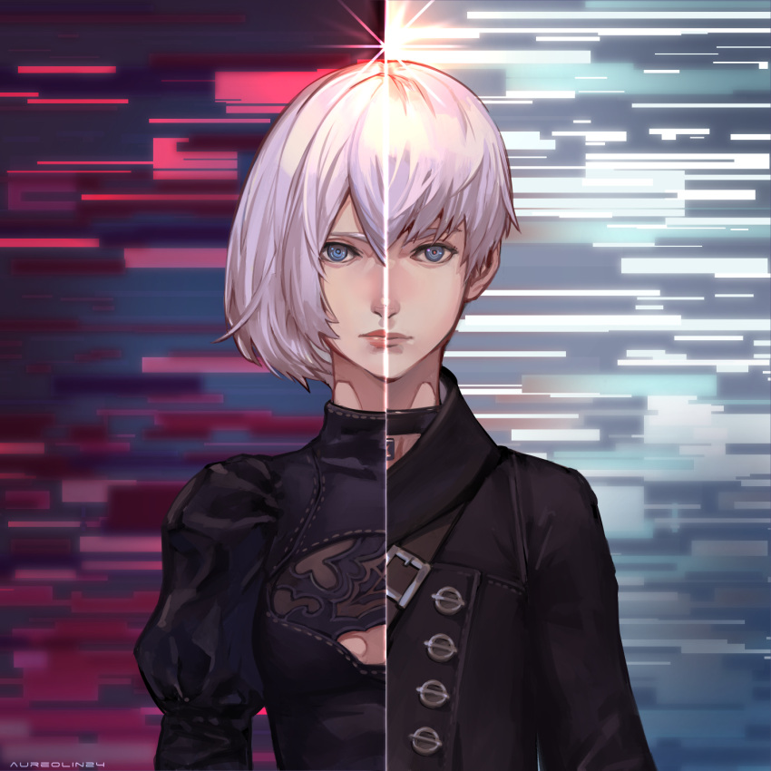 1boy 1girl aureolin31 black_choker black_dress black_jacket blue_eyes breasts choker cleavage_cutout closed_mouth commentary_request dress hairband highres jacket juliet_sleeves long_sleeves medium_breasts nier_(series) nier_automata no_blindfold puffy_sleeves short_hair silver_hair split_image yorha_no._2_type_b yorha_no._9_type_s