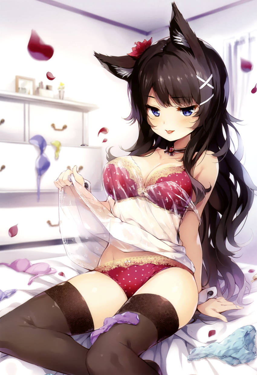 1girl :p absurdres animal_ears arm_at_side black_hair black_legwear blue_eyes bra breasts choker eyebrows_visible_through_hair hair_ornament highres indoors large_breasts looking_at_viewer melonbooks on_bed panties petals polka_dot polka_dot_bra polka_dot_panties red_bra red_panties scan see-through senji_(tegone_spike) solo thigh-highs tongue tongue_out underwear wrist_cuffs x_hair_ornament