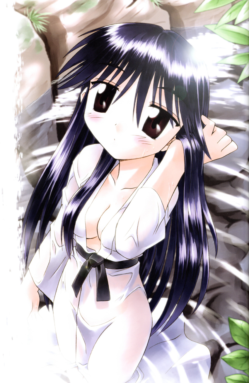 1girl absurdres arm_up bangs black_hair blush breasts brown_eyes cleavage collarbone cropped_legs eyebrows_visible_through_hair from_above fujishiro_takeshi hair_tucking highres japanese_clothes kimono leaf long_hair looking_at_viewer machi_(nagasarete_airantou) medium_breasts moss nagasarete_airantou naked_kimono no_bra no_panties official_art open_clothes rock scan see-through sidelocks solo standing very_long_hair wading water wet wet_clothes wet_kimono white_kimono