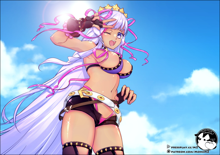 1girl ;d absurdly_long_hair bare_shoulders bb_(fate)_(all) bb_(swimsuit_mooncancer)_(fate) bikini black_gloves black_legwear black_shorts blue_sky breasts clouds dark_skin fate/grand_order fate_(series) fingerless_gloves gloves highleg highleg_bikini large_breasts long_hair monzmz navel one_eye_closed open_fly open_mouth outdoors purple_hair short_shorts shorts sky smile solo sparkle star sun swimsuit teeth thigh-highs thighs v very_long_hair violet_eyes