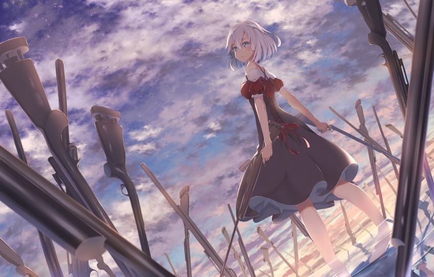 1girl absurdres akausuko black_dress blue_eyes blue_sky clouds dress dual_wielding dutch_angle fantasy full_body gun highres holding holding_gun holding_weapon original outdoors planted_weapon short_hair sky solo standing sunset water weapon white_hair