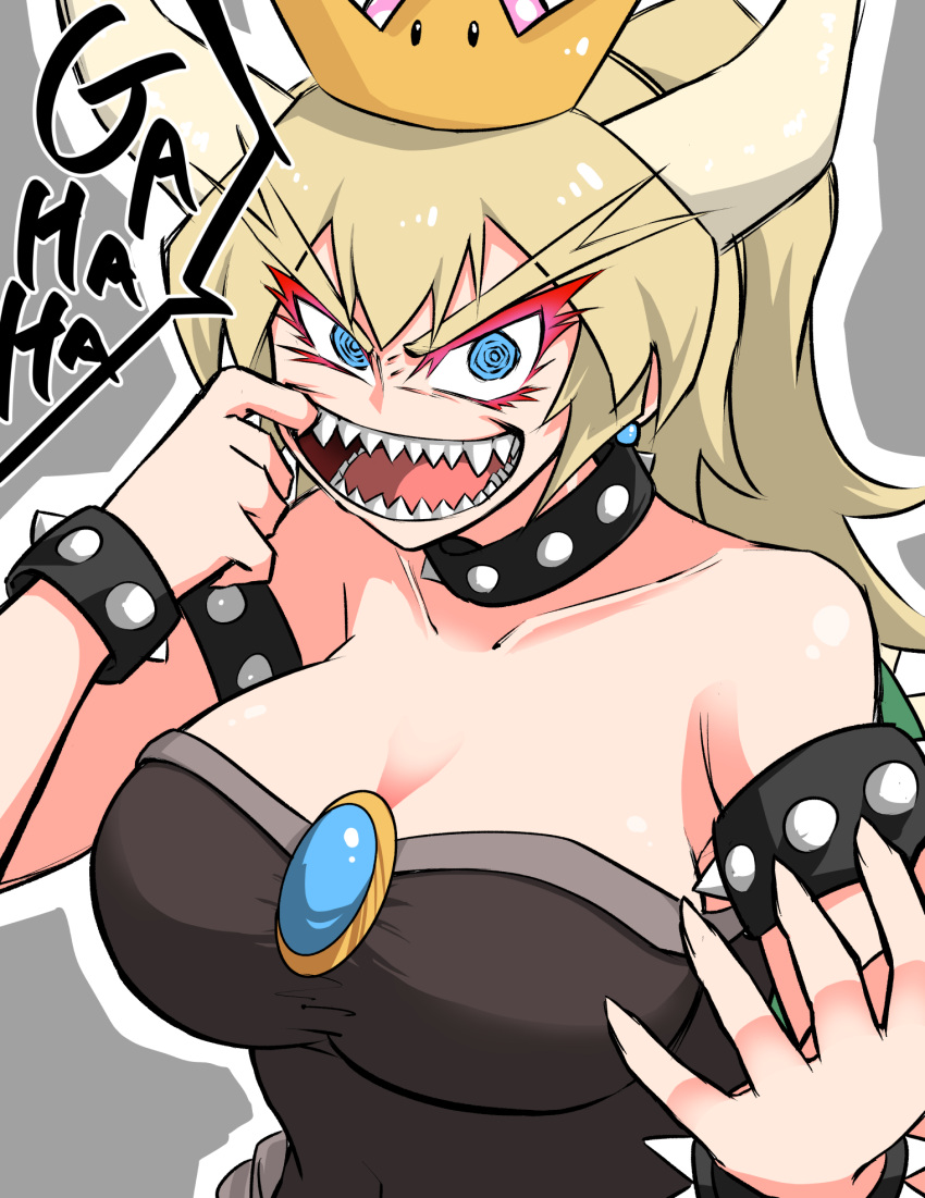 1girl bare_shoulders blonde_hair blue_eyes bowser bowsette bracelet breasts cleavage collar collarbone commentary_request crazy_eyes crown earrings genderswap genderswap_(mtf) grey_background highres horns jewelry large_breasts looking_at_viewer super_mario_bros. new_super_mario_bros._u_deluxe nintendo nuka_cola06 open_mouth ponytail simple_background solo spiked_bracelet spiked_collar spikes teeth thick_eyebrows