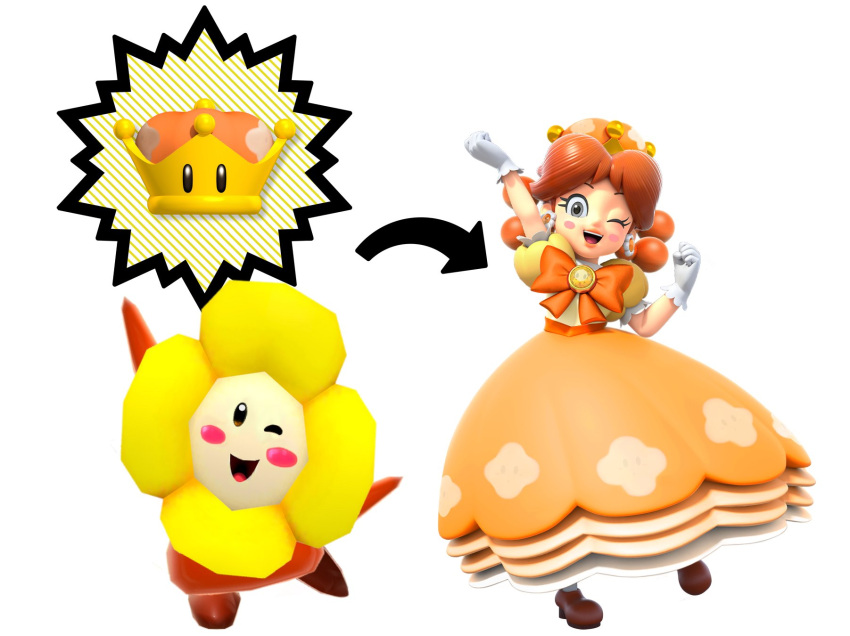 1girl 3d arm_up bow brown_footwear brown_hair clenched_hands crazee_dayzee directional_arrow dress gloves grey_eyes highres super_mario_bros. medal new_super_mario_bros._u_deluxe nintendo official_style orange_bow orange_dress parody princess_daisy puffy_short_sleeves puffy_sleeves quad_tails short_sleeves simple_background smile super_crown super_mario_bros. super_mario_land super_mario_world_2:_yoshi's_island transformation we_are_daisy white_background white_gloves