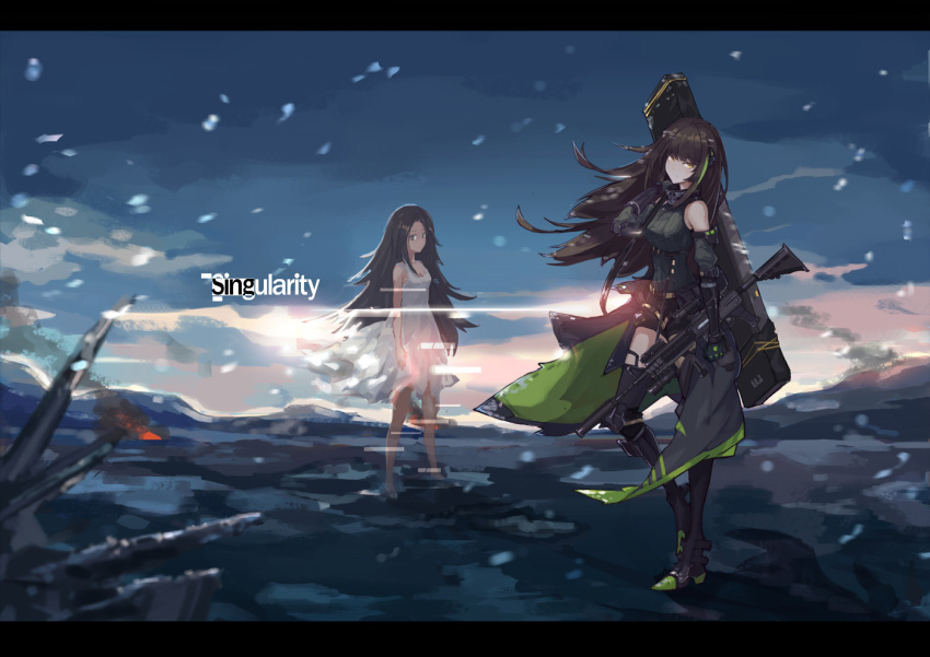 2girls assault_rifle barefoot boots breasts brown_eyes brown_hair closed_mouth clouds commentary_request dress english girls_frontline gun long_hair looking_at_viewer m4_carbine m4a1_(girls_frontline) mai_(xskdizzy) medium_breasts multiple_girls outdoors rifle sky smoke standing sundress very_long_hair weapon white_dress wind
