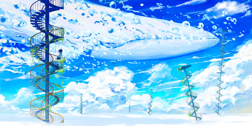 1girl air_bubble bubble clouds day flying_whale highres original outdoors scenery sky spiral_staircase stairs whale wind ya_yan