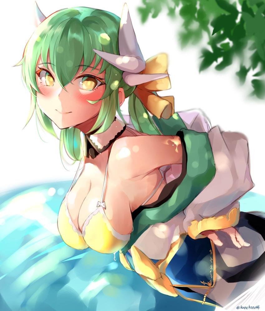 1girl bikini blush bow fate/grand_order fate_(series) green_hair hair_bow highres horns kano_(kanokano44) kiyohime_(fate/grand_order) kiyohime_(swimsuit_lancer)_(fate) leaning_foward long_hair looking_at_viewer looking_to_the_side smile solo swimsuit twitter_username yellow_bikini_top yellow_eyes