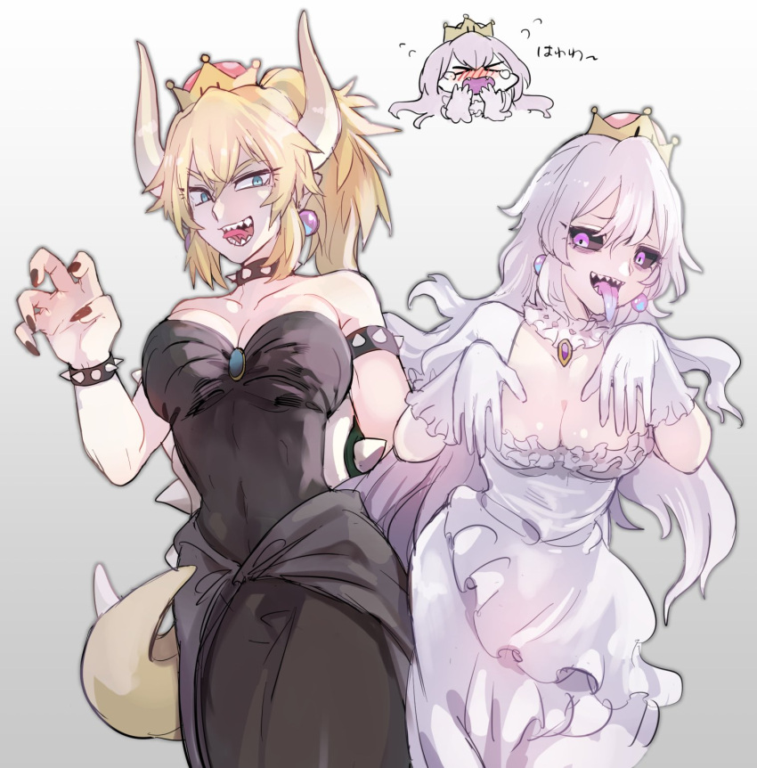 2girls :p black_dress black_sclera blonde_hair blue_eyes blue_tongue bowsette breasts chibi chibi_inset cleavage covered_navel crown dress earrings flying_sweatdrops frilled_collar gloves gradient gradient_background grey_background highres horns jewelry large_breasts lizard_tail long_hair looking_at_viewer luigi's_mansion super_mario_bros. multiple_girls new_super_mario_bros._u_deluxe nintendo nyuusankin_(9jo_3) pink_eyes pointy_ears ponytail princess_king_boo sharp_teeth smile spiked_armlet spikes super_crown super_mario_bros. tail teeth thick_eyebrows tongue tongue_out white_dress white_gloves white_hair