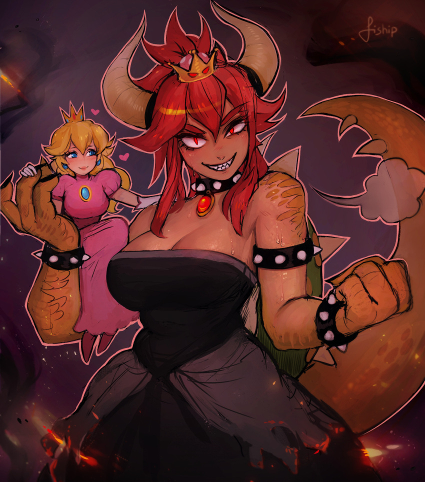 2girls bare_shoulders black_dress blonde_hair blue_eyes bowsette bracelet breasts choker claws cleavage crown dress earrings embers evil_smile fangs fire giantess heart highres horns jewelry looking_at_viewer super_mario_bros. matilda_vin mini_crown monster_girl multiple_girls new_super_mario_bros._u_deluxe nintendo pink_dress princess_peach red_eyes redhead scales sharp_teeth sitting smile spiked_armlet spiked_bracelet spiked_choker spiked_shell spiked_tail spikes strapless strapless_dress super_crown super_mario_bros. sweat tail teeth thick_eyebrows turtle_shell