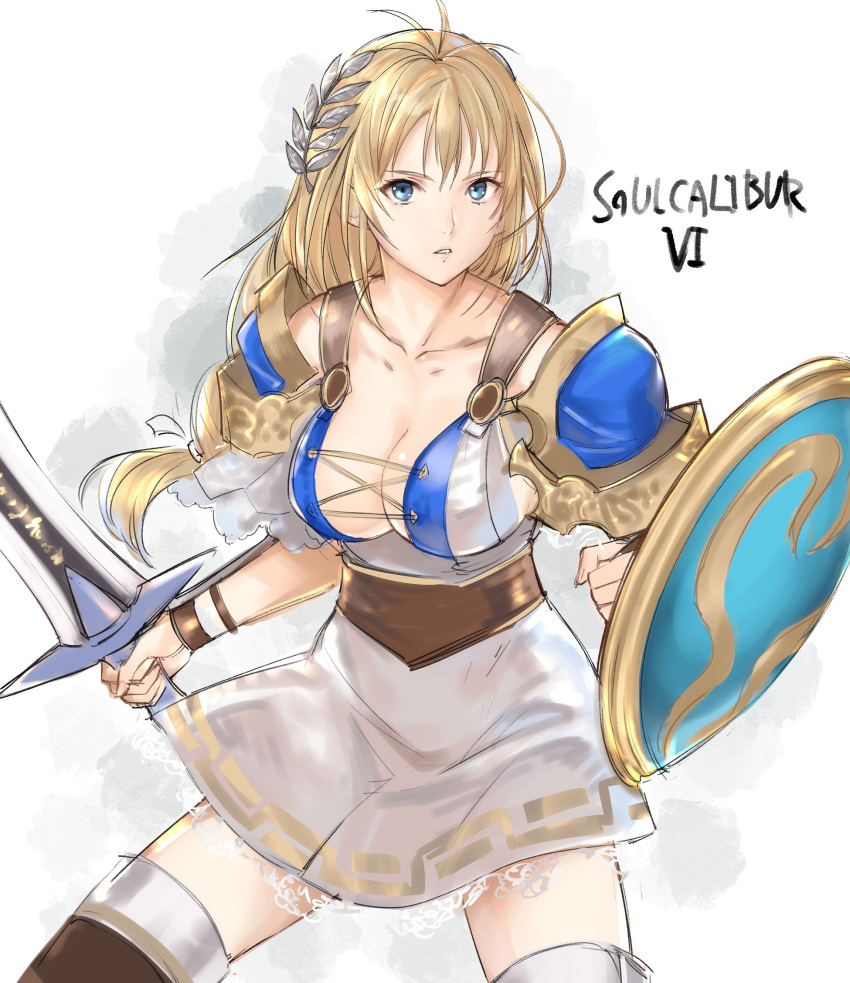 1girl arm_guards armor armored_dress bangs belt blonde_hair blue_eyes breasts cleavage collarbone copyright_name cross-laced_clothes hair_ornament highres holding holding_sword holding_weapon large_breasts long_hair looking_at_viewer low-tied_long_hair parted_lips patterned_clothing shield shoulder_armor shoulder_pads simple_background skirt solo sophitia_alexandra soul_calibur soulcalibur_vi standing sword tetsu_(kimuchi) thigh-highs thighs weapon white_skirt zettai_ryouiki