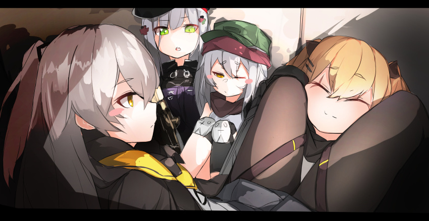 4girls :o black_ribbon blonde_hair blush_stickers bow brown_scarf cheek_squash closed_eyes closed_mouth eyebrows_visible_through_hair g11_(girls_frontline) girls_frontline green_eyes grey_hair hair_between_eyes hair_bow hair_ornament hairclip hat highres hk416_(girls_frontline) hood hooded_jacket jacket knee_pads legs letterboxed long_hair looking_at_another multiple_girls one_eye_closed open_mouth ribbon scarf sitting skabjh0147 skirt sleeveless smile twintails ump45_(girls_frontline) ump9_(girls_frontline) upper_body yellow_eyes