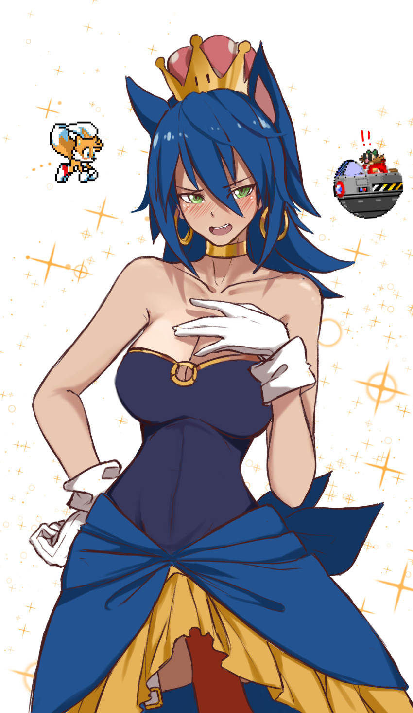 !! 1girl 2boys absurdres animal_ears bangs bare_shoulders blue_dress blue_hair blue_legwear blush breasts brown_hair cleavage collarbone commentary crown dishwasher1910 dr._eggman dress earrings facial_hair fox garter_straps genderswap genderswap_(mtf) gloves goggles goggles_on_head green_eyes hair_between_eyes hand_on_own_chest hand_up head_tilt highres hoop_earrings jacket jewelry large_breasts super_mario_bros. mini_crown multiple_boys multiple_tails mustache new_super_mario_bros._u_deluxe nintendo nose_blush o-ring red_jacket sonic sonic_the_hedgehog sparkle_background strapless strapless_dress super_crown tail tails_(sonic) thigh-highs two_tails white_gloves