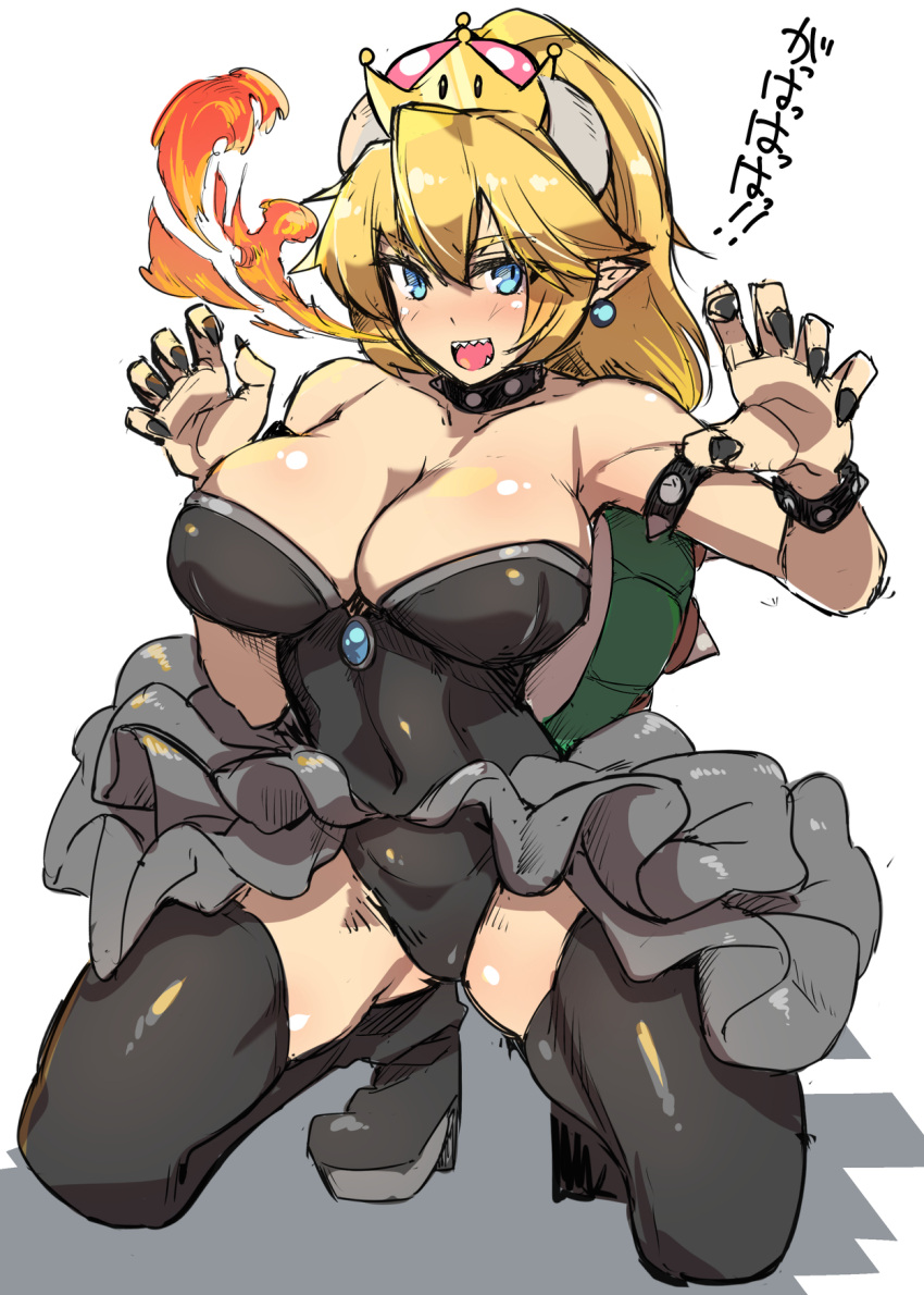 1girl bare_shoulders black_dress blonde_hair blue_eyes bowser bowsette breasts brll cleavage dress earrings female fire flame genderswap genderswap_(mtf) highres jewelry large_breasts leotard long_hair looking_at_viewer super_mario_bros. nintendo open_mouth pointy_ears sharp_teeth shiny shiny_skin simple_background skirt smile solo spiked_shell super_crown super_mario_bros. teeth translated white_background