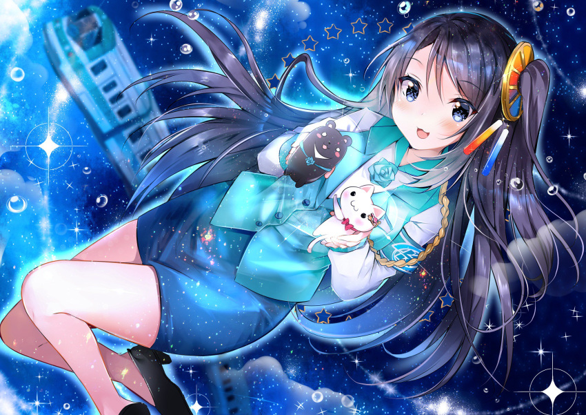 1girl :3 :d animal aqua_rose aqua_vest armband artist_request black_footwear black_hair blue_eyes blue_skirt blush breasts cat commentary_request eyebrows_visible_through_hair flower ground_vehicle hair_ornament highres holding krt_girls long_hair long_sleeves looking_at_viewer medium_breasts no_socks one_side_up open_mouth pencil_skirt rose shirt skirt sky smile solo sparks star star_(sky) starry_sky train uniform vest water_drop white_shirt xiao_qiong