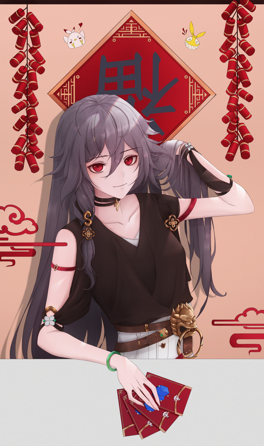 1girl alternate_eye_color bangs belt black_choker black_hair black_shirt chinese_new_year choker closed_mouth eun_(eunice) fireworks fu_hua fu_hua_(night_squire) hair_between_eyes highres holding homu_(honkai_impact) hongbao honkai_(series) honkai_impact_3rd long_hair looking_at_viewer pink_background red_eyes shirt short_sleeves shorts smile white_shorts