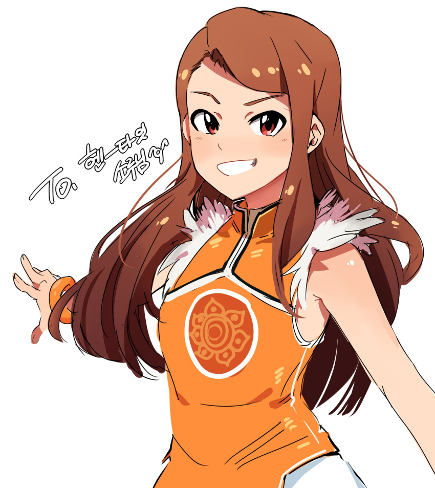 1girl :d brown_eyes brown_hair commentary_request grin highres idolmaster idolmaster_(classic) korean korean_commentary long_hair looking_at_viewer minase_iori open_mouth orange_shirt shirt simple_background smile solo tuxedo_de_cat upper_body white_background wristband