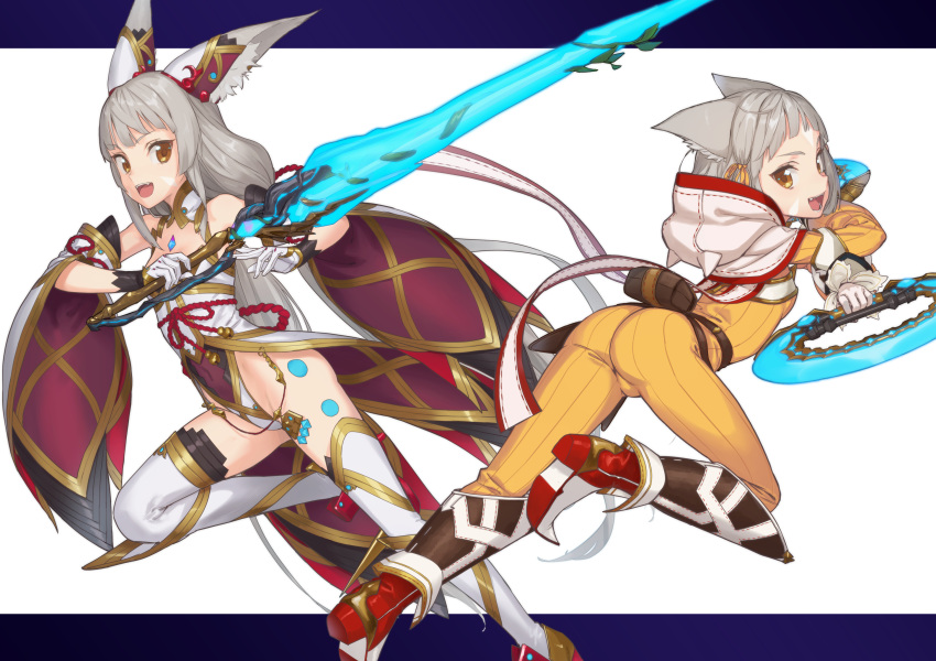 2girls :d absurdres animal_ear_fluff animal_ears ass bare_shoulders bodysuit boots breasts brown_eyes cat_ears chakram character_request detached_sleeves fangs gem grey_hair hair_ribbon high_heel_boots high_heels highleg highleg_leotard highres holding holding_sword holding_weapon hood hood_down kawakami_rokkaku leotard long_hair looking_at_viewer looking_back multiple_girls nintendo niyah open_mouth ribbon short_hair small_breasts smile spoilers sword thigh-highs very_long_hair waist_cape weapon white_legwear wide_sleeves xenoblade_(series) xenoblade_2 yellow_bodysuit yellow_ribbon