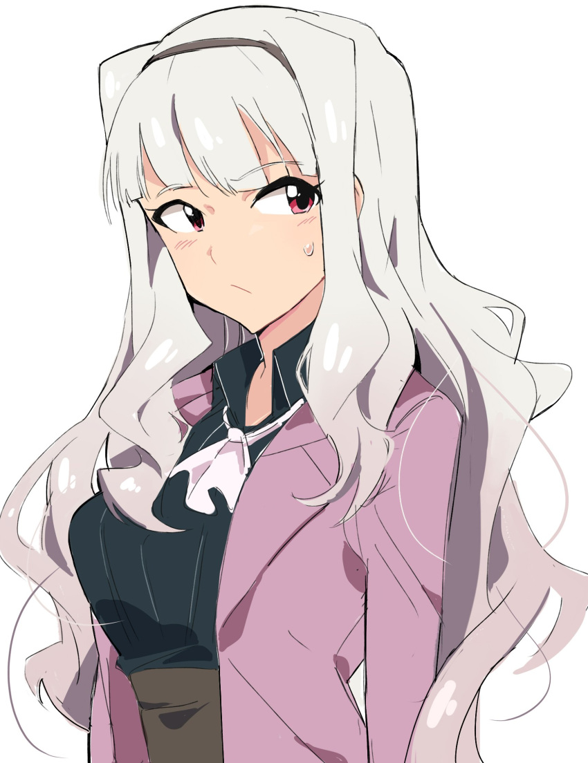 1girl ascot bangs black_shirt blunt_bangs brown_skirt closed_mouth collared_shirt commentary_request hairband high-waist_skirt highres idolmaster idolmaster_(classic) jacket korean_commentary long_hair long_sleeves looking_at_viewer open_clothes open_jacket pink_jacket red_eyes shijou_takane shirt silver_hair simple_background skirt solo sweatdrop tuxedo_de_cat upper_body white_background white_neckwear wing_collar