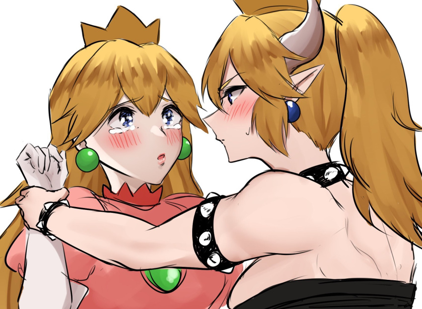 2girls amane_a_(007_uiro) blonde_hair blue_eyes blush borrowed_design bowsette bracelet collar commentary_request earrings genderswap genderswap_(mtf) gloves hair_between_eyes highres horns jewelry long_hair looking_at_another super_mario_bros. multiple_girls new_super_mario_bros._u_deluxe nintendo open_mouth pointy_ears ponytail princess_peach puffy_short_sleeves puffy_sleeves short_sleeves sketch spiked_bracelet spiked_collar spikes super_crown sweat tearing_up upper_body white_gloves wrist_grab yuri