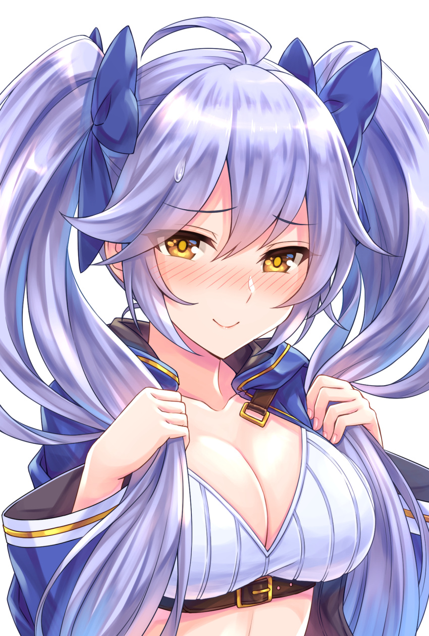 1girl ahoge alternate_costume blush bow braid breasts cape cleavage commentary_request crop_top embarrassed eyebrows_visible_through_hair granblue_fantasy hair_between_eyes hair_bow hair_grab highres large_breasts long_hair long_sleeves midriff pink_lips silva_(granblue_fantasy) silver_hair simple_background smile tomo_(user_hes4085) twin_braids twintails upper_body very_long_hair wavy_hair wavy_mouth yellow_eyes