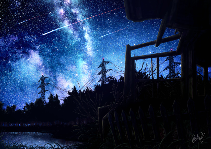 artist_name grass highres kumeki_(kk4615) lake night night_sky no_humans original outdoors power_lines scenery signature silhouette sky star_(sky) starry_sky tree