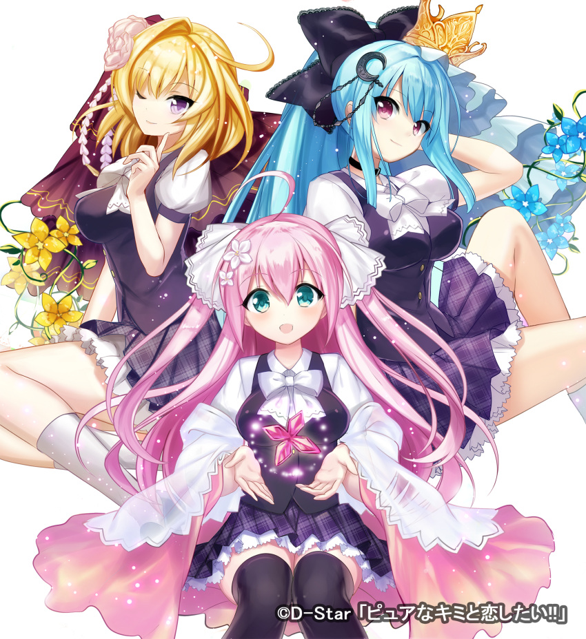 3girls :d ;) ahoge black_bow black_choker black_legwear blue_eyes blue_flower bow breasts character_request check_copyright choker crescent crescent_hair_ornament crown flower fuupu hair_between_eyes hair_bow hair_flower hair_ornament hand_up highres index_finger_raised knee_up long_hair medium_breasts multiple_girls official_art one_eye_closed open_mouth outstretched_hand pink_eyes pink_flower pink_hair plaid plaid_skirt puffy_short_sleeves puffy_sleeves pure_nakimi_to_koi_shitai school_uniform short_hair short_sleeves sidelocks sitting skirt smile thigh-highs very_long_hair violet_eyes watermark white_background white_legwear wide_sleeves yellow_flower