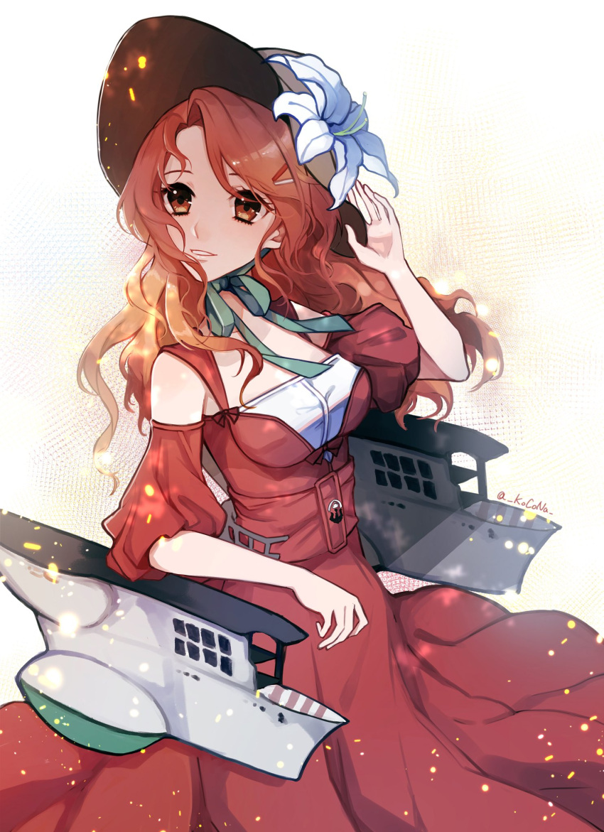 1girl alternate_costume alternate_hairstyle aquila_(kantai_collection) breasts brown_eyes brown_hat commentary cowboy_shot dress flower green_ribbon hair_down hat hat_flower highres kantai_collection kocona long_hair looking_to_the_side machinery medium_breasts orange_hair red_dress ribbon solo sun_hat upper_body wavy_hair white_background white_flower
