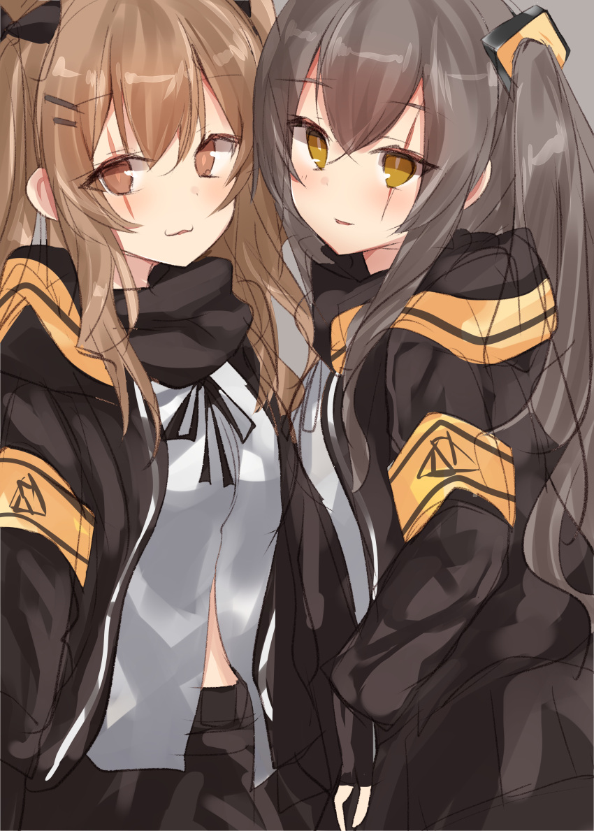 2girls absurdres bangs black_bow black_gloves black_jacket black_ribbon black_skirt blush bow brown_eyes brown_hair commentary_request eyebrows_visible_through_hair fingerless_gloves girls_frontline gloves hair_between_eyes hair_bow hair_ornament hairclip highres jacket light_brown_hair long_hair multiple_girls natsu_(sinker8c) neck_ribbon one_side_up open_clothes open_jacket parted_lips revision ribbon scar scar_across_eye shirt skirt twintails ump45_(girls_frontline) ump9_(girls_frontline) very_long_hair white_shirt