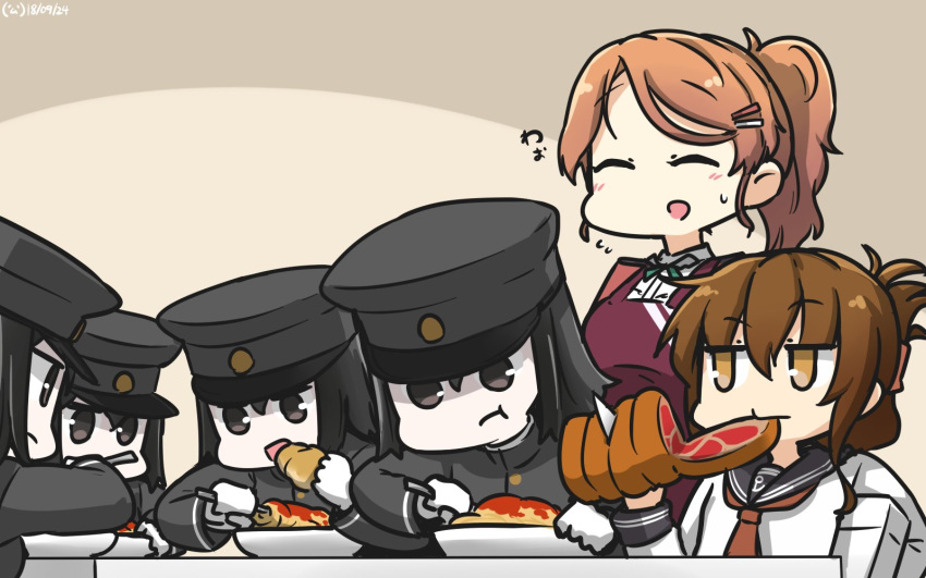 6+girls akitsu_maru_(kantai_collection) apron aquila_(kantai_collection) black_eyes black_hair black_hat brown_eyes brown_hair closed_eyes commentary eating flying_sweatdrops folded_ponytail food fork gloves hair_ornament hairclip ham hamu_koutarou hat highres inazuma_(kantai_collection) jitome kantai_collection knife long_hair multiple_girls neckerchief orange_hair pale_skin pasta peaked_cap ponytail sailor_collar school_uniform serafuku short_hair spaghetti sweat table