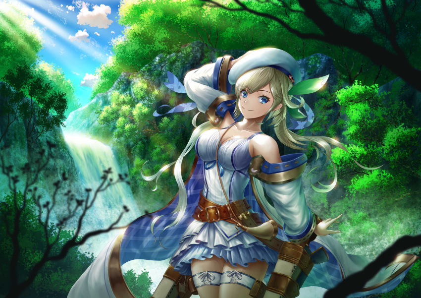 1girl absurdres arm_up belt beret blonde_hair blue_eyes breasts closed_mouth clouds cucouroux_(granblue_fantasy) day dress eyebrows_visible_through_hair fujifuji924 granblue_fantasy hat highres horn large_breasts leaning_to_the_side long_hair long_sleeves looking_at_viewer outdoors smile solo sunlight thigh-highs tree twintails white_hat