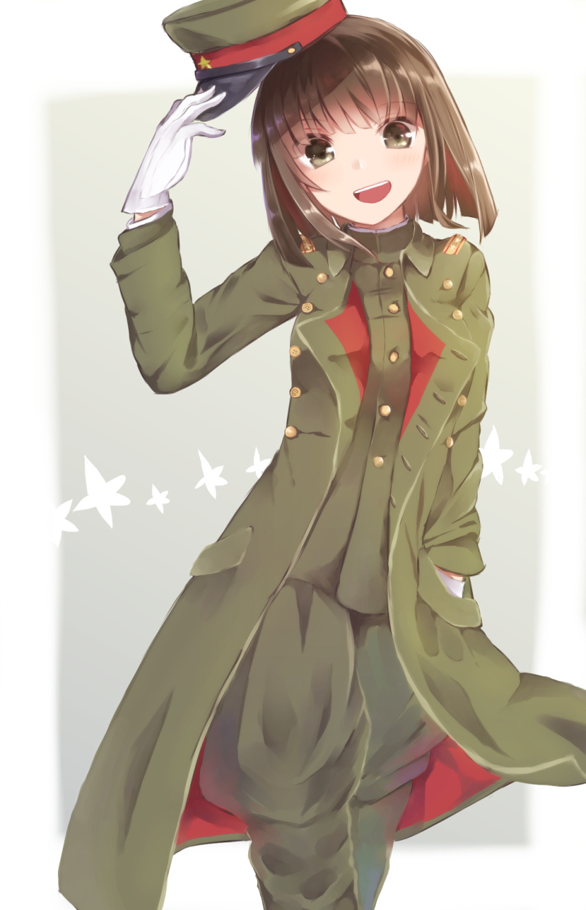 1girl :d bob_cut brown_eyes brown_hair commentary eyebrows_visible_through_hair eyes_visible_through_hair gloves hand_in_pocket hat hat_removed headwear_removed highres imperial_japanese_army military military_hat military_uniform open_mouth original ponkan_(ma_hassaku) short_hair smile solo trench_coat uniform white_gloves