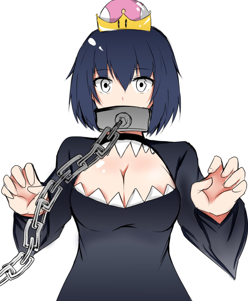 1girl adapted_costume black_dress black_hair breasts chains cleavage cleavage_cutout crown dress eyebrows_visible_through_hair grey_eyes hair_between_eyes highres isshii13 large_breasts long_sleeves looking_at_viewer super_mario_bros. new_super_mario_bros._u_deluxe nintendo princess_chain_chomp short_sleeves simple_background solo super_crown super_mario_bros. upper_body white_background