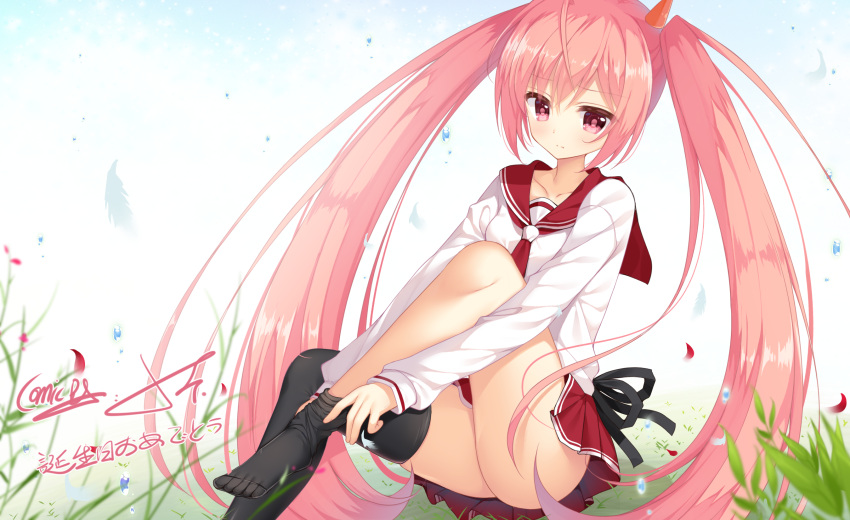 1girl black_legwear blush cariboy graphite_(medium) hidan_no_aria highres kanzaki_h_aria long_hair looking_at_viewer pink_hair red_eyes school_uniform serafuku solo thigh-highs traditional_media twintails very_long_hair