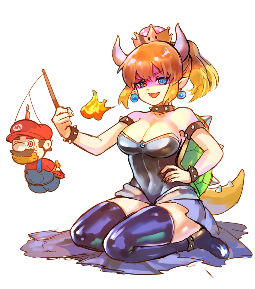 1boy 1girl bare_shoulders black_legwear black_leotard blonde_hair blue_eyes borrowed_design bound bowsette bracelet breasts breathing_fire candle cleavage collar covered_navel crown earrings facial_hair fangs fire gagged genderswap genderswap_(mtf) highres horns jewelry large_breasts leotard looking_at_viewer mario multicolored_hair mustache nintendo orange_hair overalls pointy_ears ponytail seiza sharp_nail sharp_teeth shell sitting spiked_bracelet spiked_collar spikes super_crown super_mario_bros. tail teeth thigh-highs tied_up two-tone_hair white_background