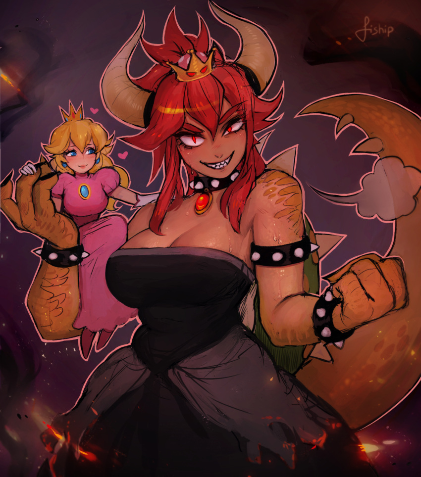 2girls =3 artist_name bare_shoulders black_dress black_nails blonde_hair blue_eyes bowsette bracelet breasts brooch carrying claws cleavage clenched_hand collar commentary crown dark_skin dress earrings embers english_commentary evil_smile eyebrows_visible_through_hair eyelashes fangs fewer_digits fire genderswap genderswap_(mtf) giantess gloves grin hair_between_eyes hand_on_another's_shoulder heart highres horns jewelry large_breasts long_hair looking_at_viewer super_mario_bros. matilda_vin mini_crown monster_girl multiple_girls nail_polish new_super_mario_bros._u_deluxe nintendo pink_dress pink_outline ponytail princess_peach puffy_short_sleeves puffy_sleeves red_eyes redhead scales sharp_teeth short_sleeves simple_background sitting sitting_on_arm smile spiked_armlet spiked_bracelet spiked_collar spiked_shell spiked_tail spikes strapless strapless_dress super_crown super_mario_bros. sweat tail teeth thick_eyebrows turtle_shell uneven_eyes upper_body v-shaped_eyebrows white_gloves yuri