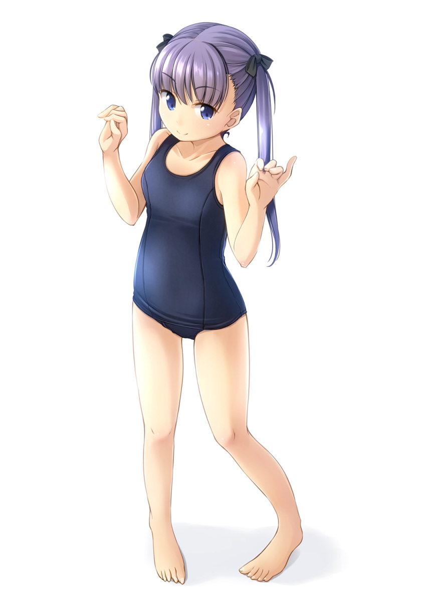 1girl blue_swimsuit flat_chest full_body highres long_hair old_school_swimsuit original purple_hair school_swimsuit shibacha simple_background solo standing swimsuit twintails white_background